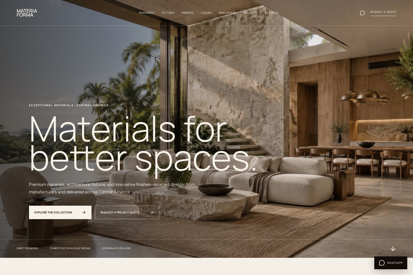 Materia Forma website opening with a sunlit interior and the headline Materials for better spaces.