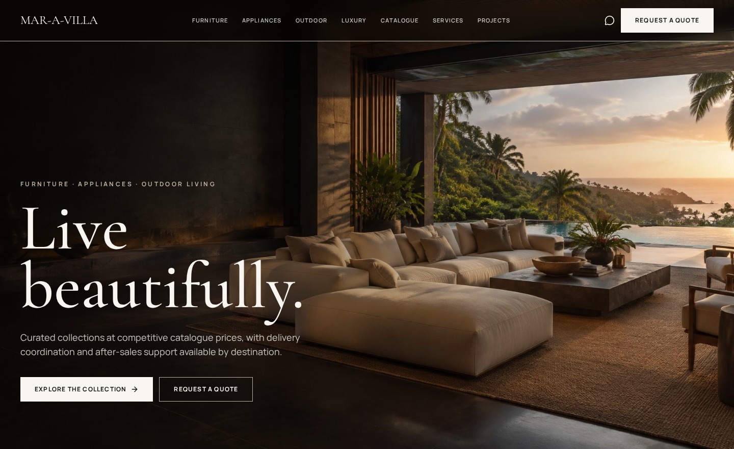 Mar-a-Villa website opening with a furnished tropical villa and the headline Live beautifully.