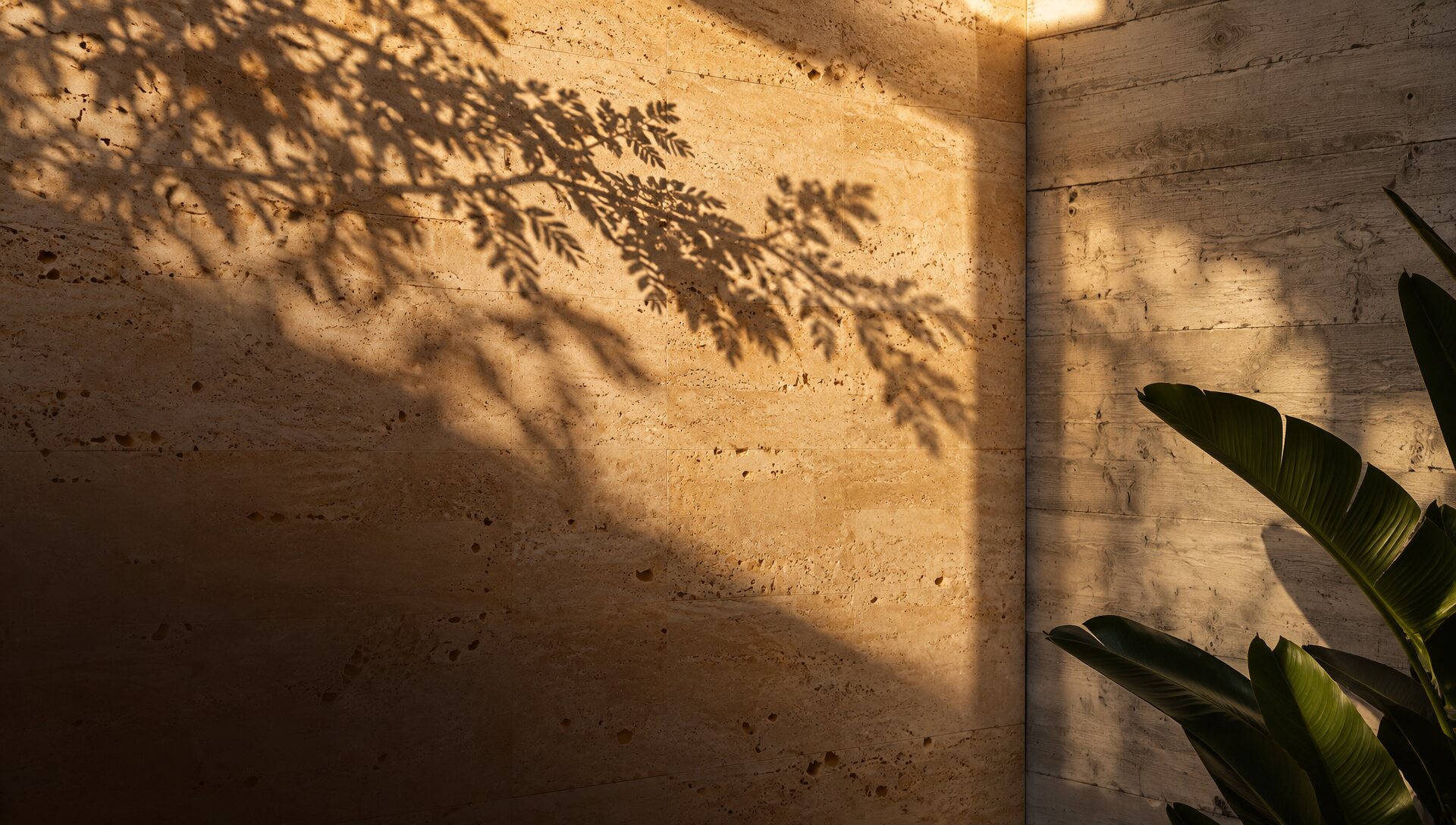 Sunlit travertine wall with the shadow of an acacia branch cast across it