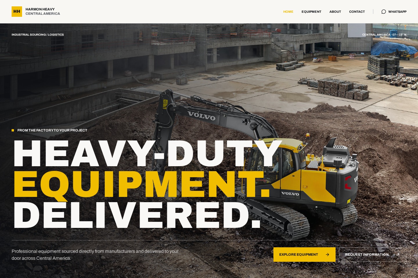 Harmon Heavy website opening with an excavator and bold equipment sourcing headline.