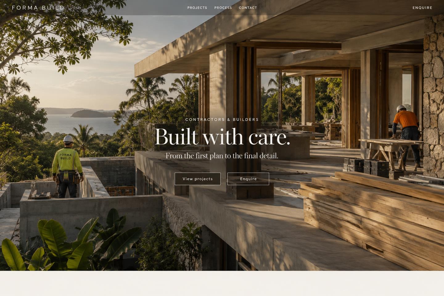 Forma Build concept showing a construction site with the headline Built with care.