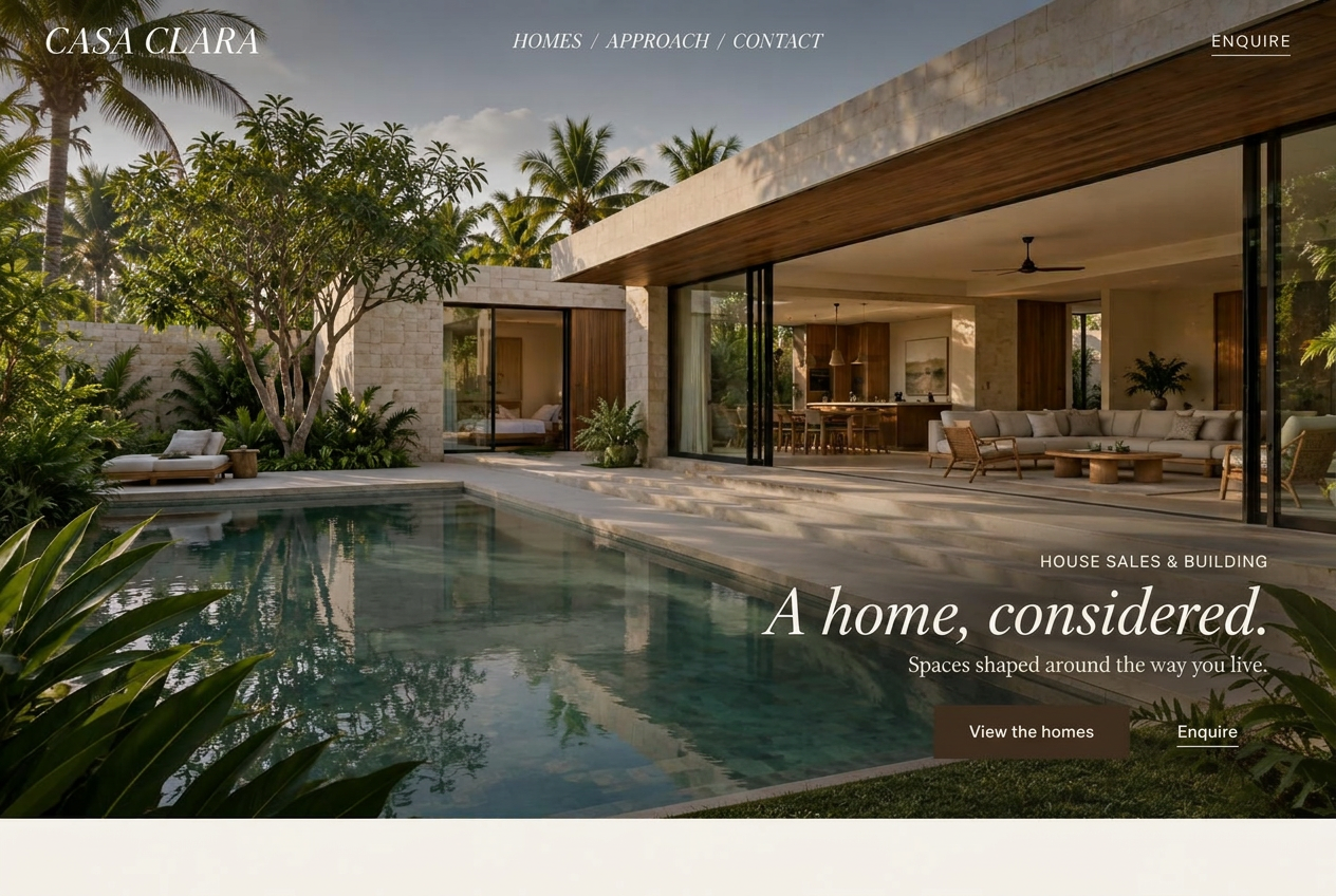 Casa Clara concept with a tropical home, right-aligned italic headline and dark brown button.