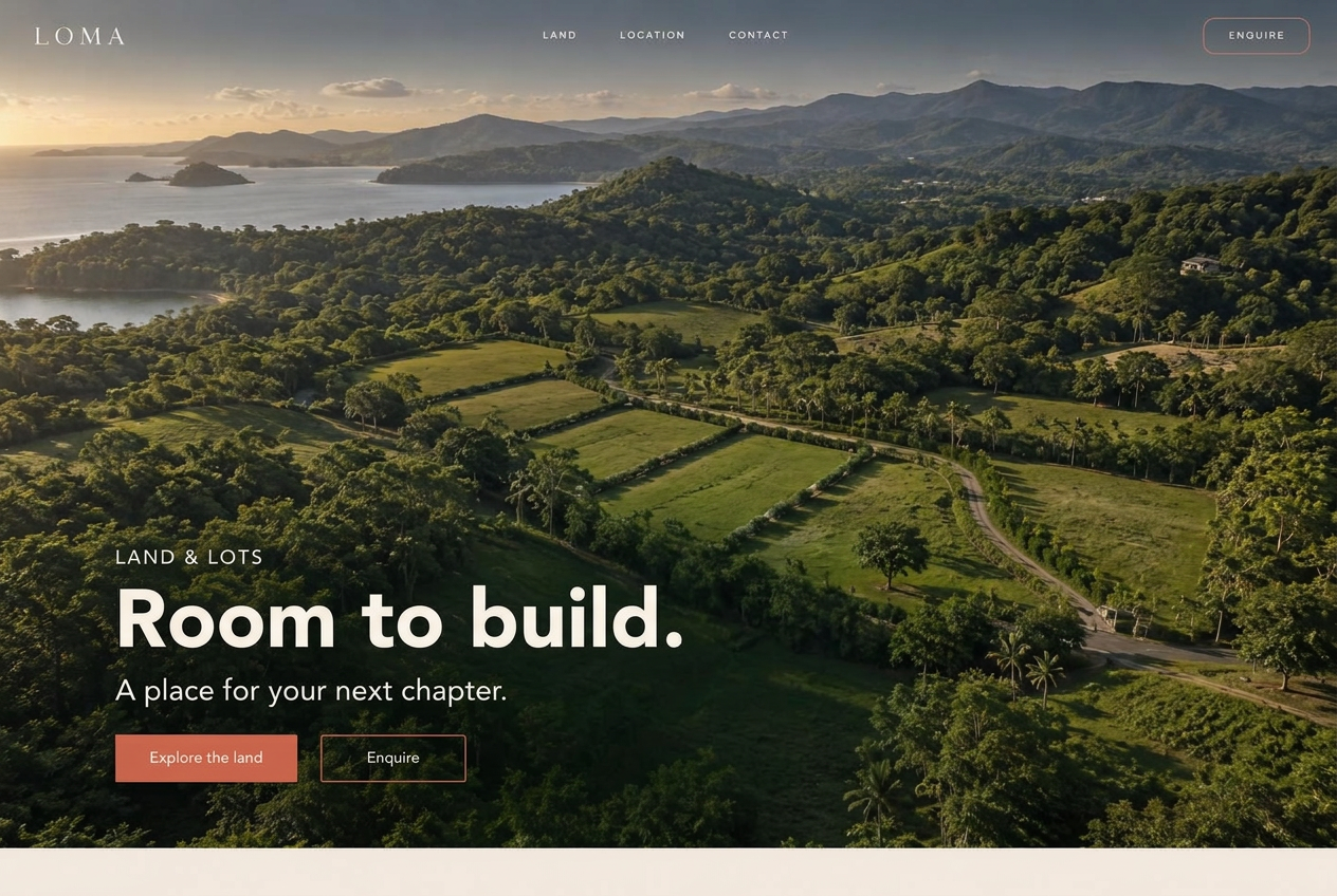 LOMA concept with hillside land parcels, bold Room to build headline and terracotta buttons.