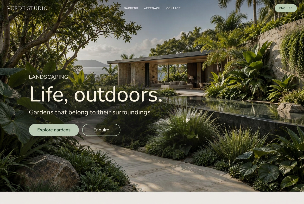Verde Studio garden concept with Life, outdoors headline and sage-green rounded buttons.