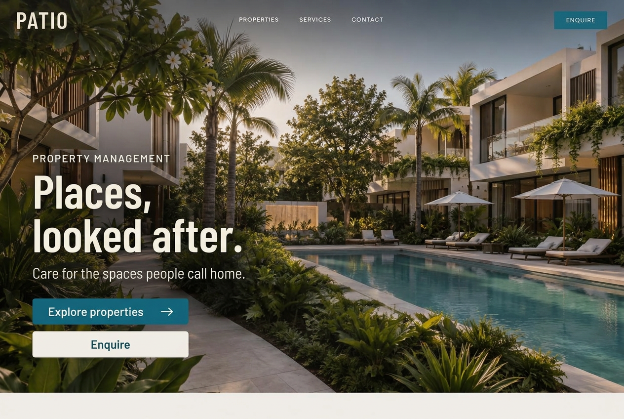 Patio residential community concept with condensed Places, looked after headline and teal buttons.
